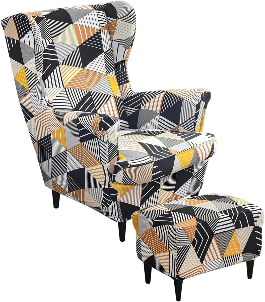 Wing Chair Cover Set(A), Include 2 Piece Stretch Wingback Chair Slipcover and Ottoman Cover, Removable Machine Washable Armchair Chair Cover for Living Room (#4)