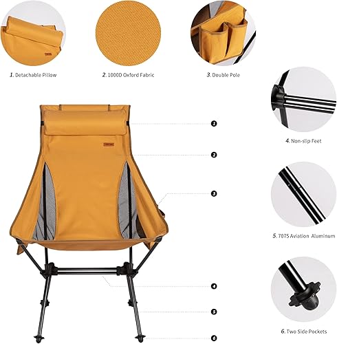 Miniatura 4 de TOBTOS Silla de camping de respaldo alto, silla plegable ligera con soporte para la cabeza, silla compacta con bolsa de transporte para campamento