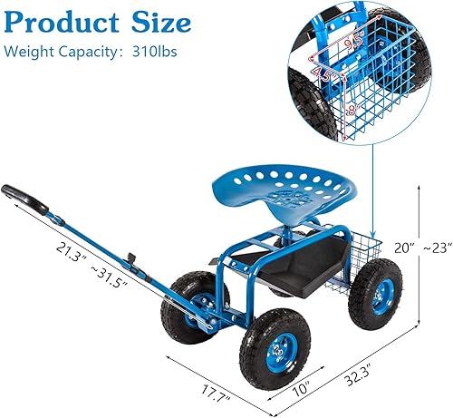 Miniatura 6 de kinbor Taburete de jardín, asiento de trabajo con bandeja de herramientas, cesta de almacenamiento y mango extensible para plantar al aire libre,