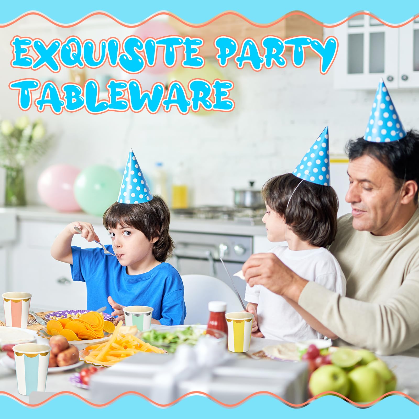 CHENGU Lot de 80 assiettes jetables pour fête comprenant des assiettes à dessert en papier avec bordure dorée de 17,8 cm et des tasses de 355 ml pour fête d'anniversaire, fête prénatale, mariage