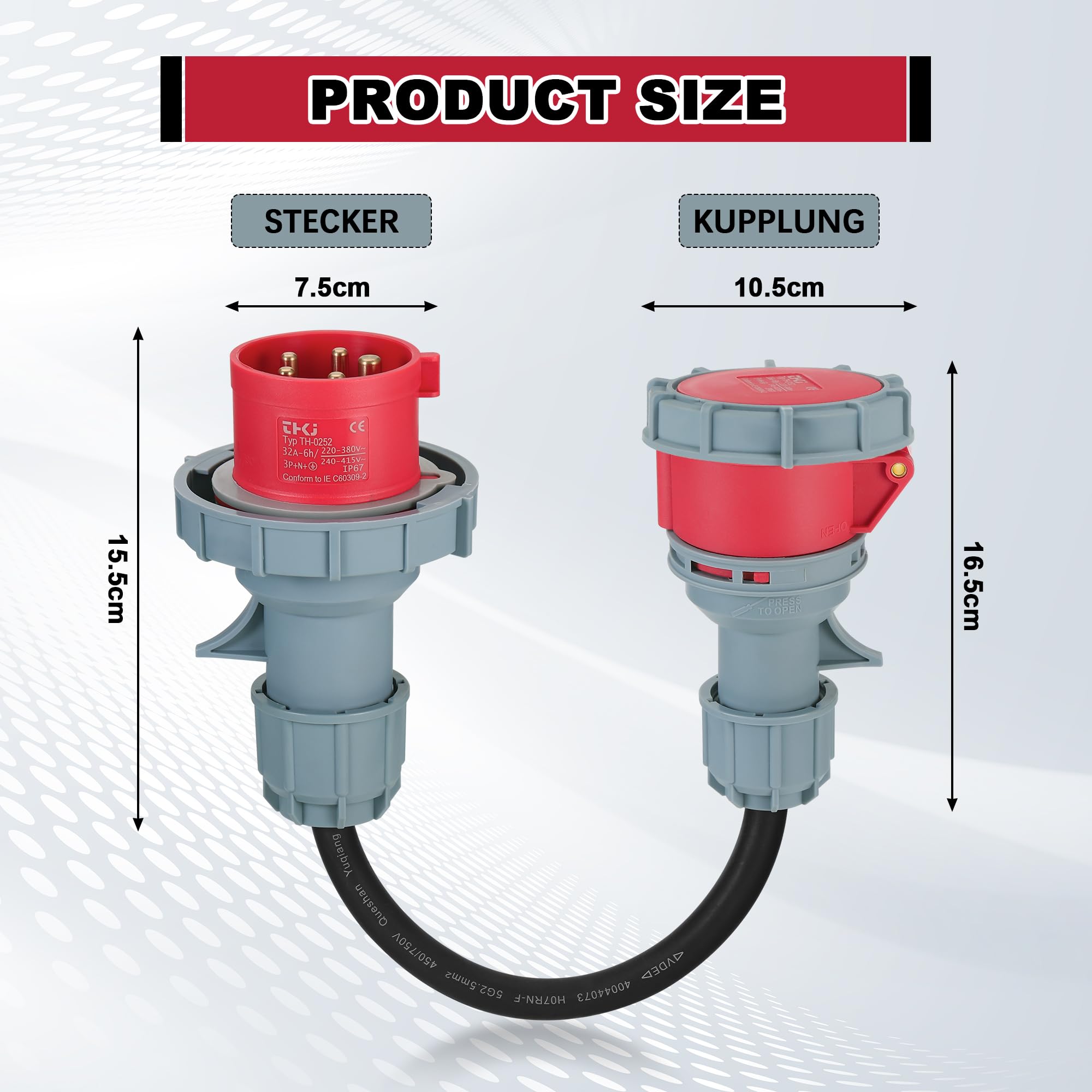 CEE Adapter 32A auf 16A, IP67 Wasserdicht & Staubdicht, Starkstrom Adapter mit Schutzabdeckung, 5×2.5mm² Kabel, 32 auf 16 Ampere Adapters für Elektroauto Zubehör, Werkstätten, Baustellen und Industrie