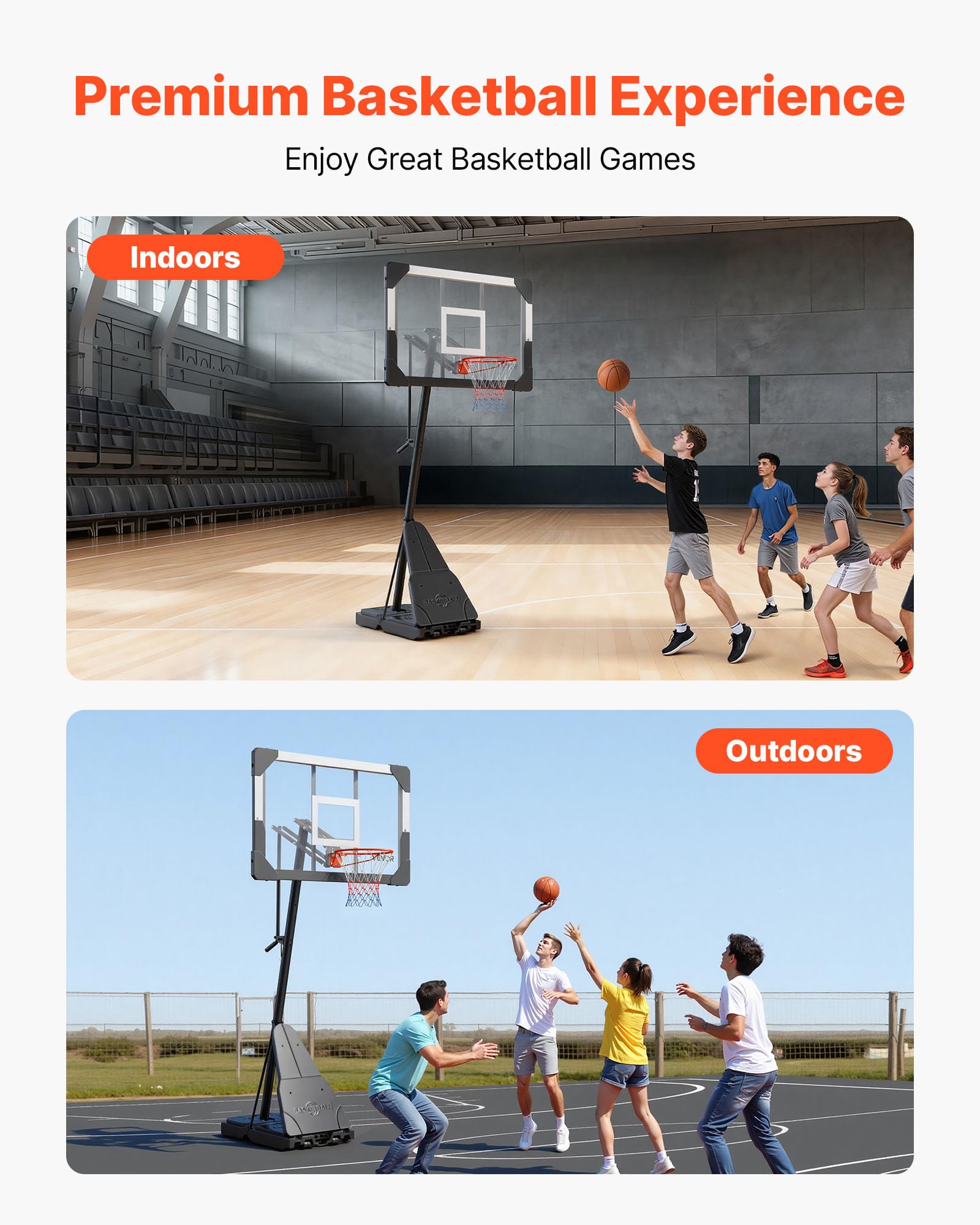 VEVOR Panier de Basket-Ball sur Pied Portable, But de Basketball Mobile, Système de Cerceau, Filet et Panneau en PC de 110 cm pour Basket, Hauteur Réglable 2,45-3,05 m, pour Extérieur Intérieur