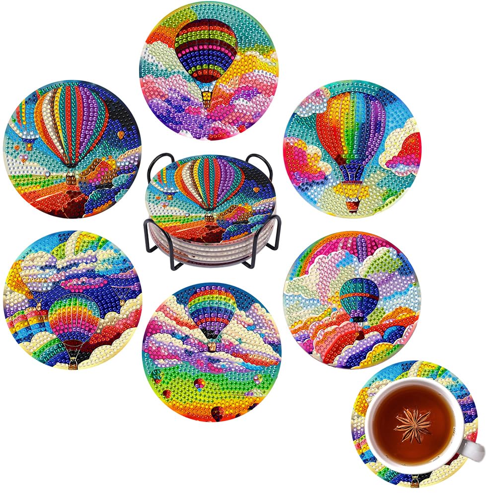 LYEAA 6Pcs Diamond Painting Coasters Kit Placemats Hot Air Balloon Art Craft Set for DIY Enthusiasts Place Mats, Gift for Adults and Kids