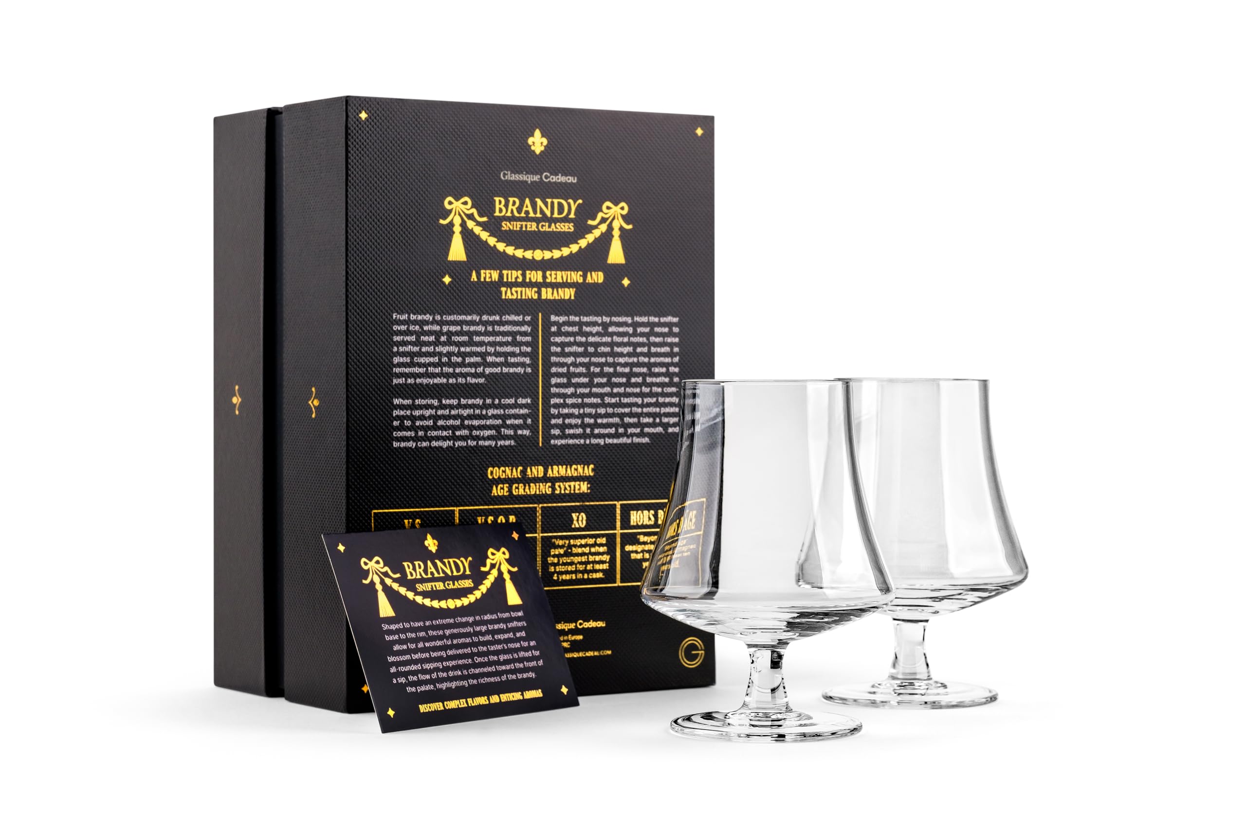 GLASSIQUE CADEAU Copas de Cristal para Brandy, Coñac, Armañac | Juego de 2 | 440 ml | Vasos de Tallo Corto | Cristalería con Forma de Campana para Beber y Degustar Brandy