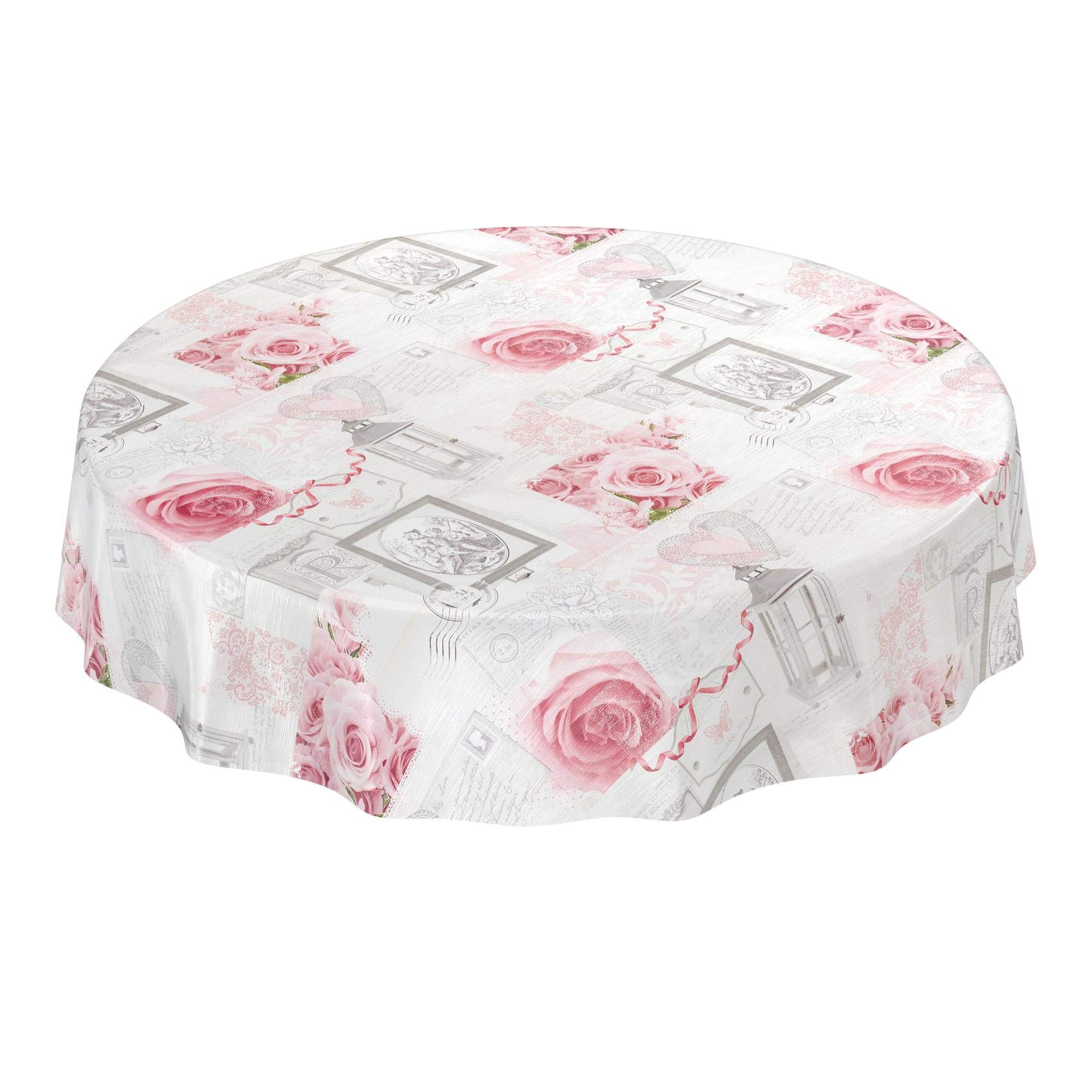 Washable tablecloth, oilcloth/wax tablecloth, with roses and hearts, romantic, antique, colour: grey, Wax Cloth, Rosen Herzen Romantik Antik Grau, Rund 140cm