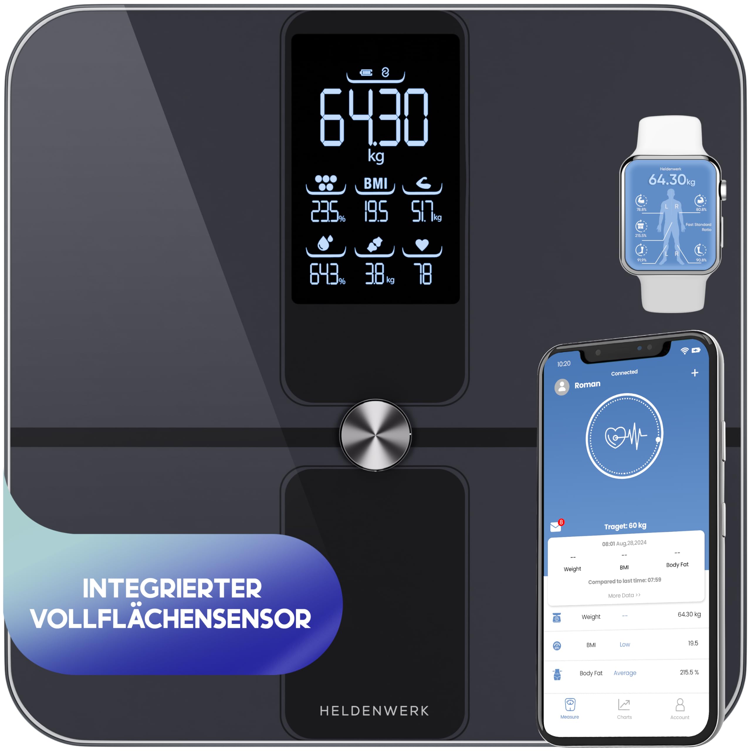 HELDENWERK Personenwaage Körperfettwaage, Waage Personen mit App & Vollflächensensor 180 kg/400 lbs, Körperwaage Digital, Bluetooth Körperanalysewaage für Körperfett, BMI, Muskelmasse, Protein, BMR