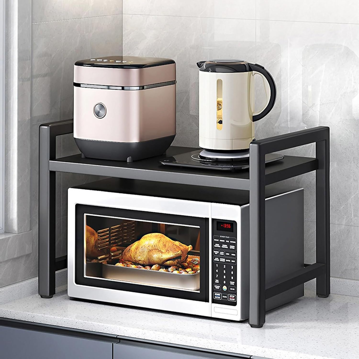 Extendable Microwave Oven Rack Adjustable Shelf Bakers Rack for Kitchens Appliance Shelf