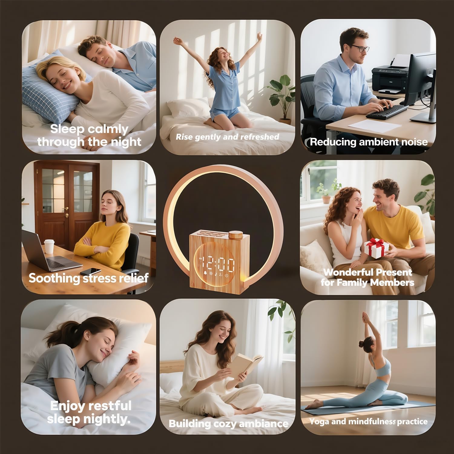 Icons representing various sound categories: white noise, fan tones, natural sounds, and relaxation tracks, totaling 30 options.