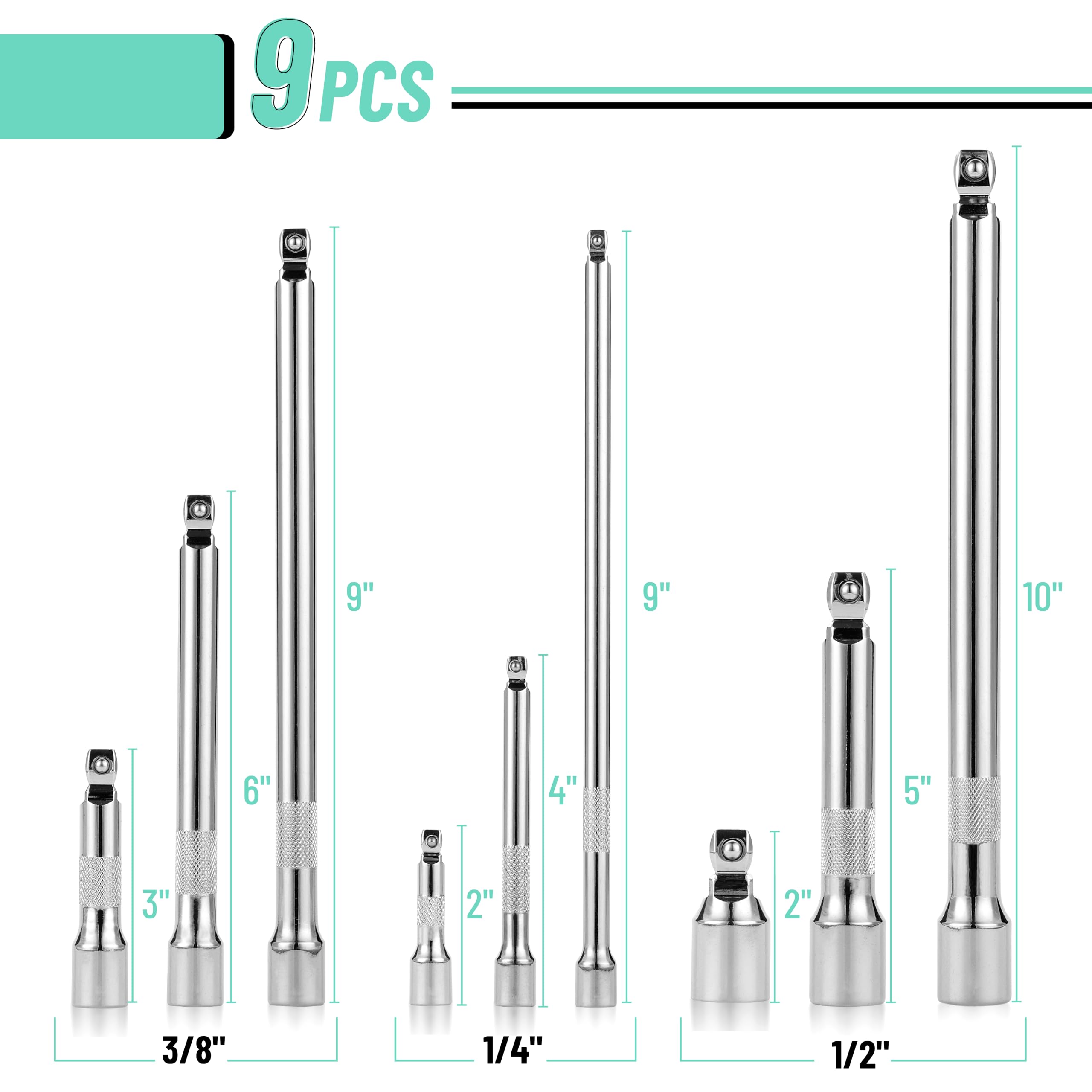 Bates Choice - Juego de extensión oscilante, 9 piezas, 1/4", "3/8" y 1/2" Drive, Chapado en cromo