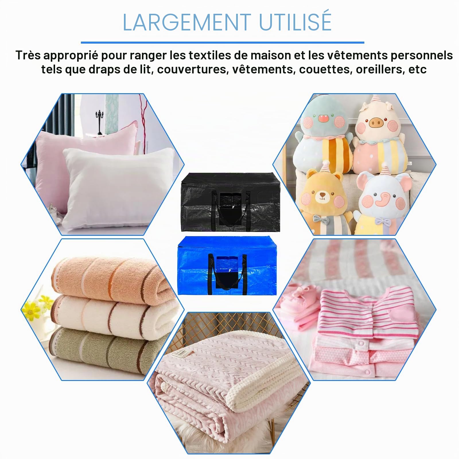 LAMAPA 4Pcs Sacs de Rangement XXL 100L Sac de Déménagement Sac Rangement Vetements avec Couvercles et Poignées Renforcées Housse de Rangement Sac Grand Format pour Déménagement et Voyage, Bleu&Noir