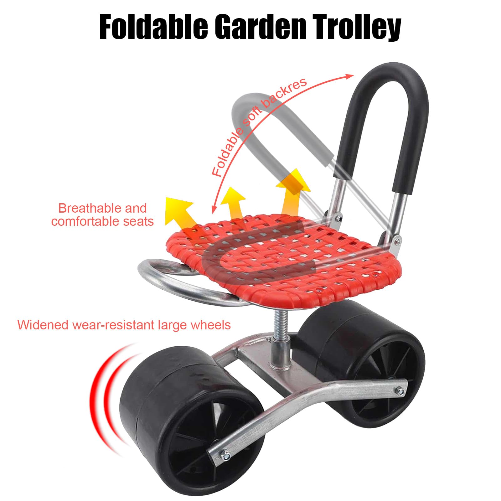 Taburete de jardín con ruedas, asiento con ruedas para carrito de jardín móvil hasta 130 kg, asiento giratorio de 360 grados, neumáticos de goma anchos para jardinería, carro de taller, carrito