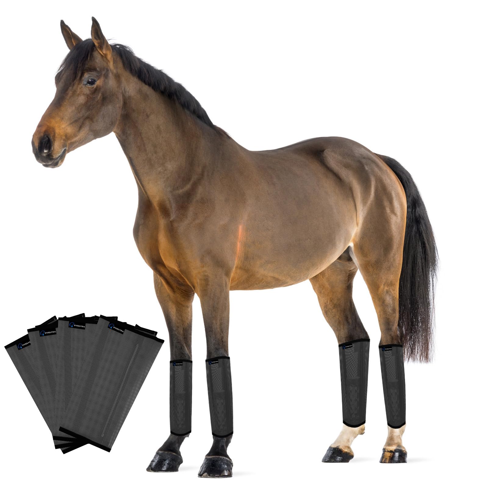 FOXLVDA Horse Fly Boots - Fly Boots for Horses Set of 4, Comfortable Horse Leggings, Mesh Material Design with Metal Support Bars for Reduces Stomping
