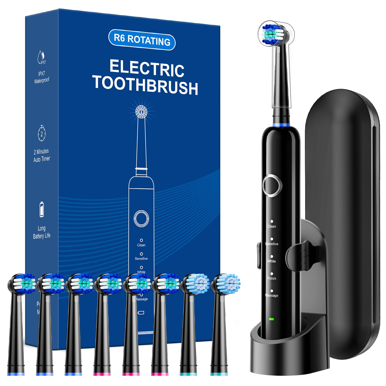 Rotating Toothbrush for Adults, 5 Cleaning Modes &amp; 8 Brush Heads with Travel Case