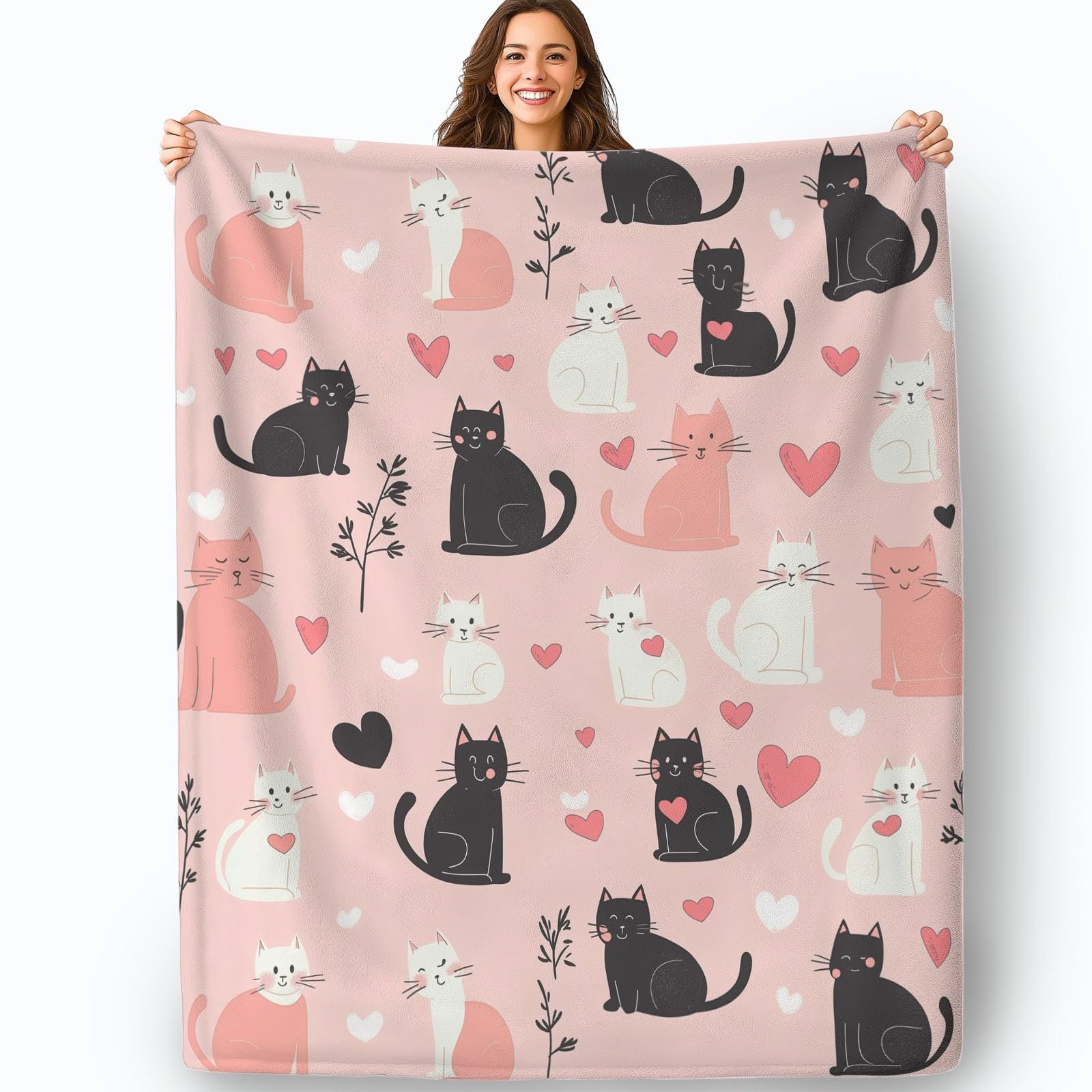 Kuscheldecke Flauschige, Einfache Katze Herzform Muster Decke, Weich & Warm Decke für Couch und Bett, Pflegeleichte Flauschige 180 x 220 cm, Rosa