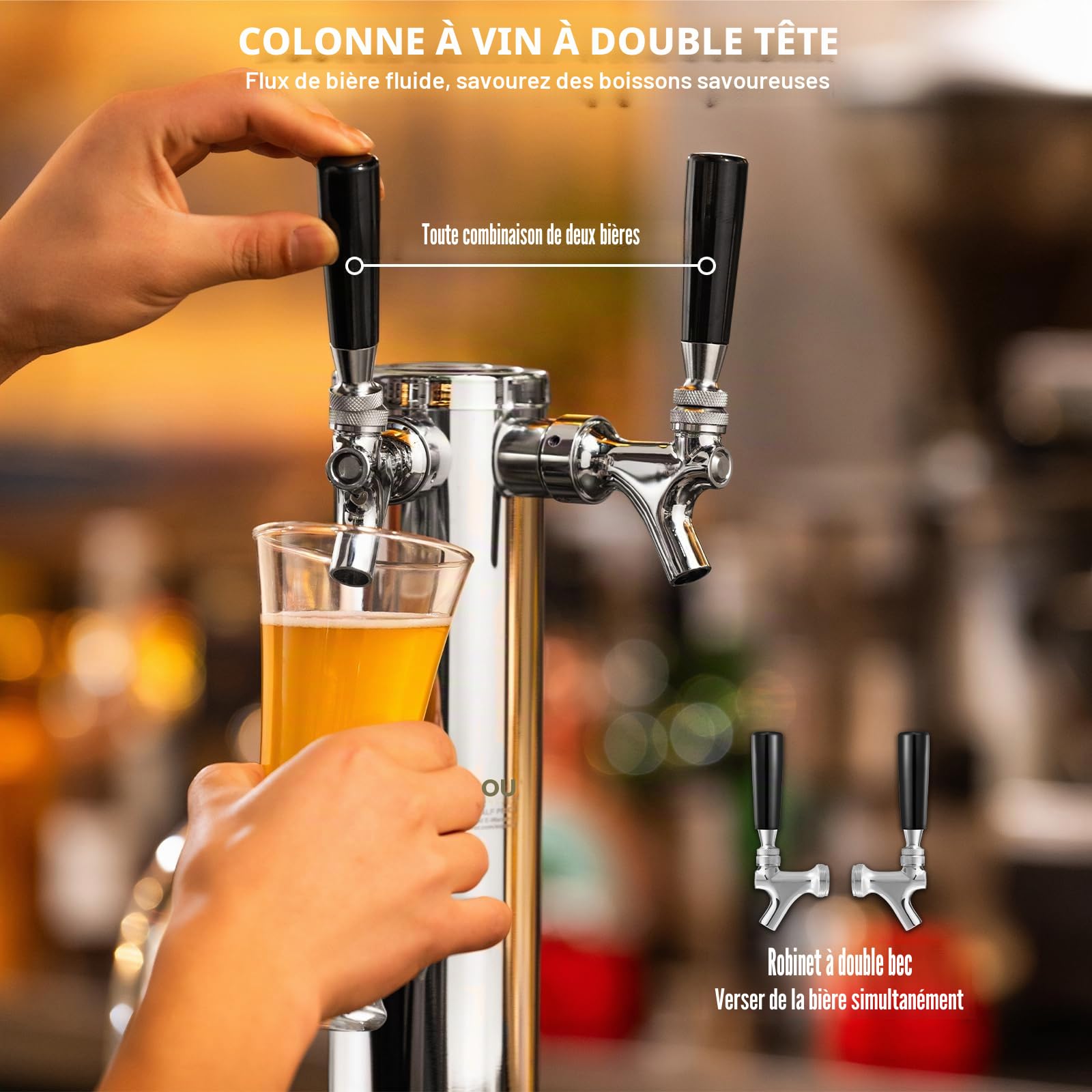 VEVOR Kit Colonne à Bière 2 Robinets, Distributeur de Bière Acier Inoxydable, Tireuse à Bière avec Régulateur Double Jauge W21,8, Coupleur Fût Système S