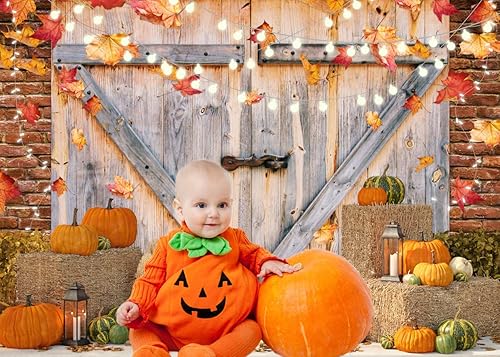 Miniatura 3 de AIIKES Telón de fondo de otoño de 10 x 8 pies, otoño, cosecha, calabaza, puerta de granero, fotografía, poste de luz, hojas de arce, pajar,