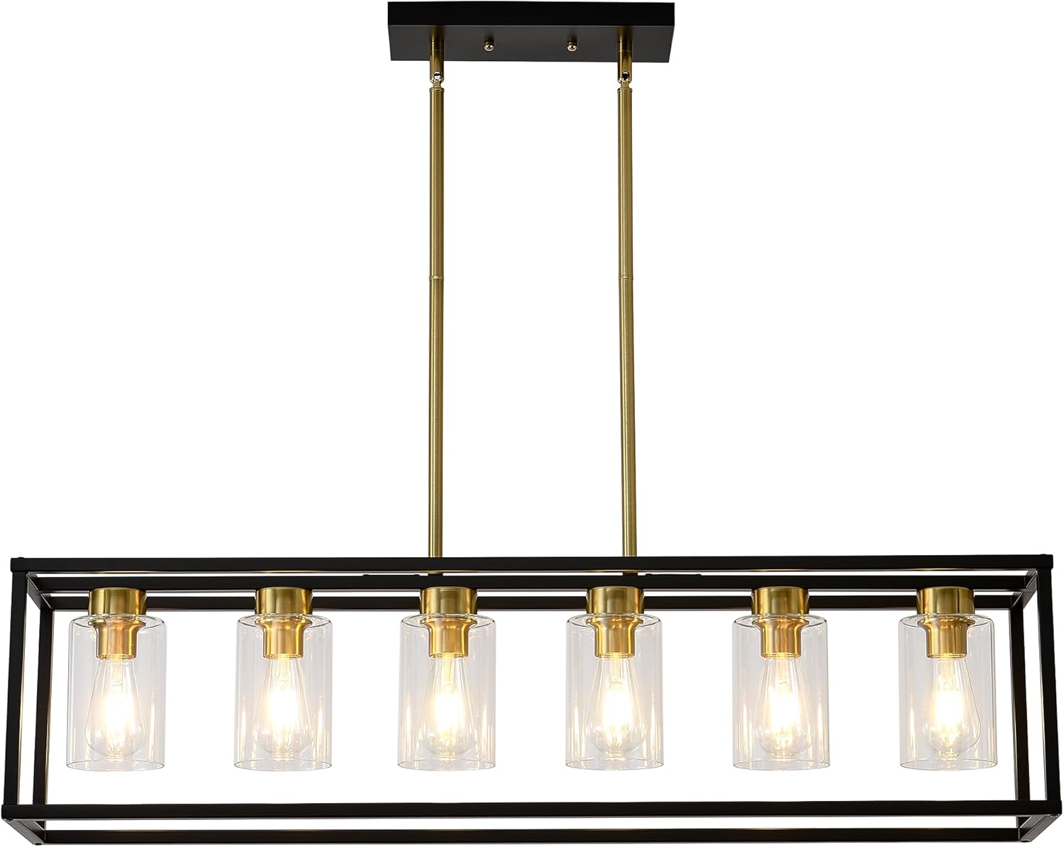 XILICON Dining Rooms Brushed Brass &Black Chandeliers,Kitchen Island Farmhouse Lighting Fixture Industrial Rustic Ceiling Hanging 6 Light Modern Pendant Light with Glass Shade