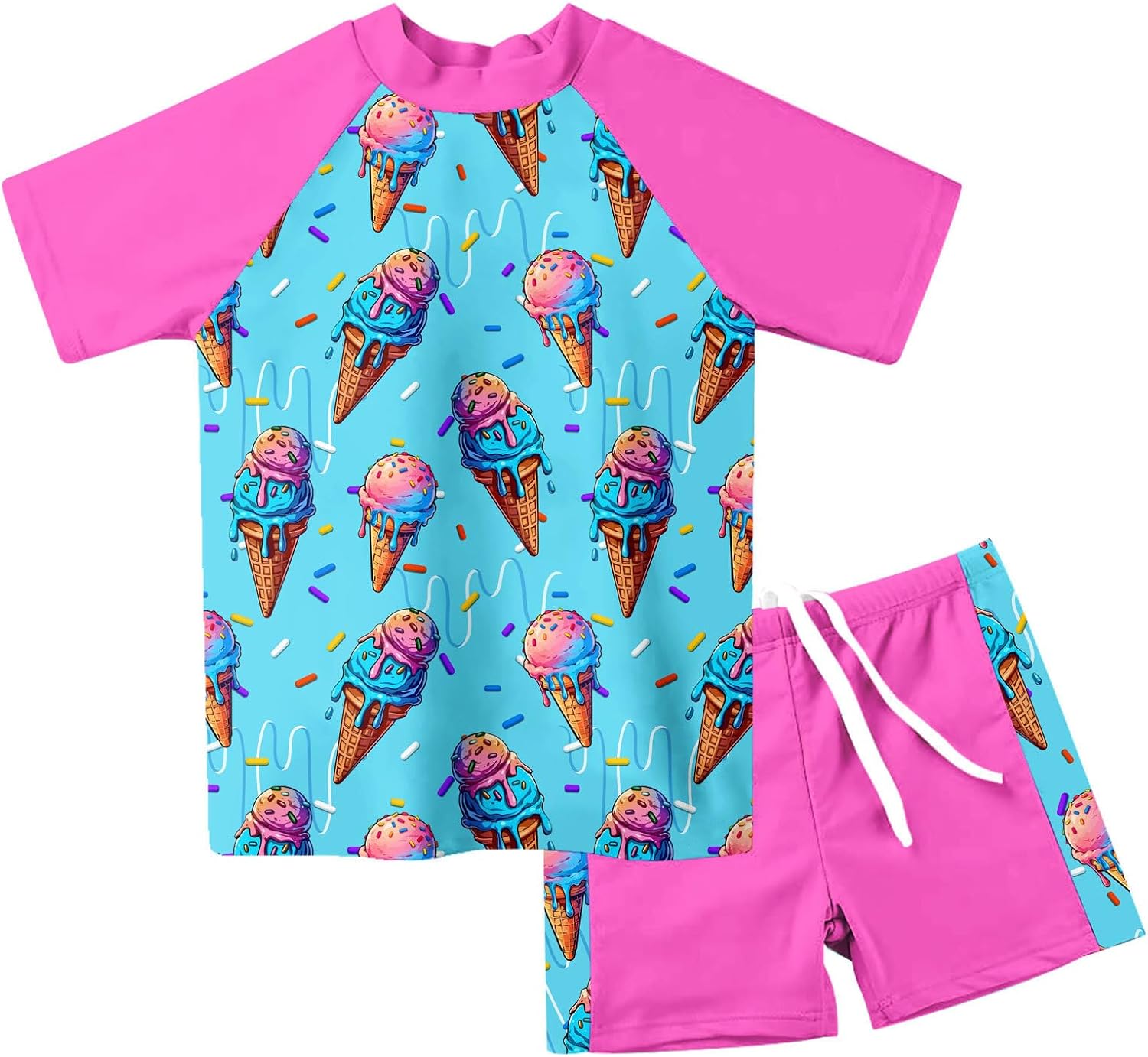 AIDEAONE Girls Rash Guard Swimsuit Short Sleeve Two Piece Bathing Suit Size 3-12T