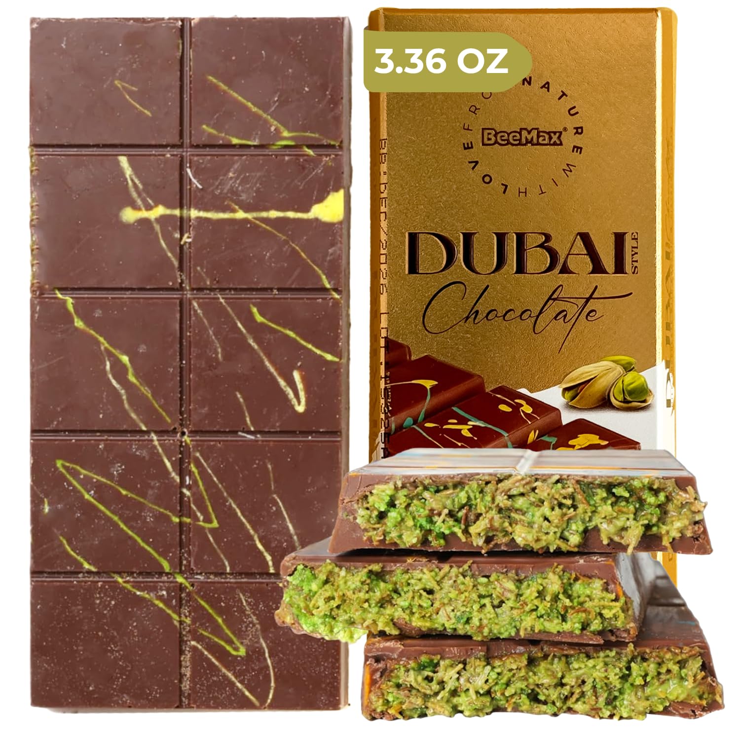 BeeMax Authentic Dubai-Style Mini Chocolate Bar, 3.36 oz (Pack of 1) - Luxurious Milk Chocolate with Kadayif and Pistachios - Middle Eastern Gourmet Indulgence - Ideal for Gifting & Special Occasions Classic Edition