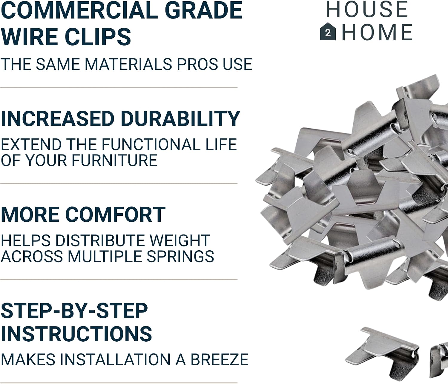 House2Home 40 Pack Upholstery Stay Wire Clips for Sofa, Couch, and Chair Spring Repair, Includes Instructions, Connectors to Attach Springing Wire to Springs