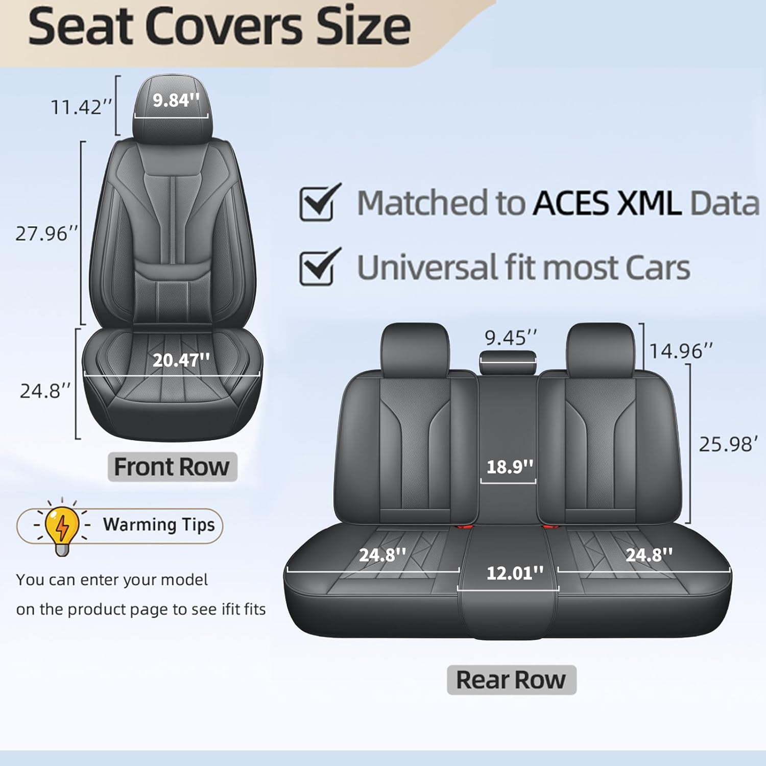 Car Seat Covers Full Set, Full-Wrap Waterproof Faux Leather with Memory Foam Lumbar Support, Airbag Compatible, Universal Fit for SUV Truck Pickup Sedan (Gray)