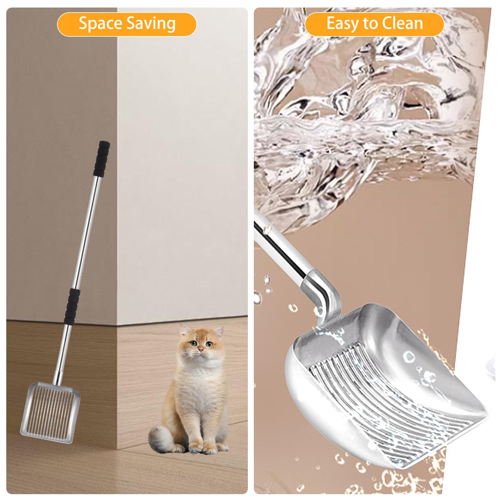 Metall-Katzenstreuschaufel, abnehmbarer Edelstahl, kein Zurückbiegen, robuste Katzenstreuschaufel, antihaftbeschichtet, langer Griff, mit Wandhalterung, für mehrere Katzen