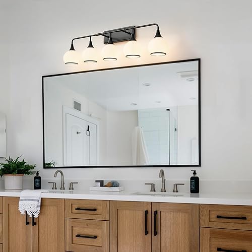 Miniatura 6 de Lámparas de baño negras de 5 luces con pantalla de vidrio esmerilado blanco lechoso de 39.2 pulgadas, aplique de pared para baño (excluye bombilla