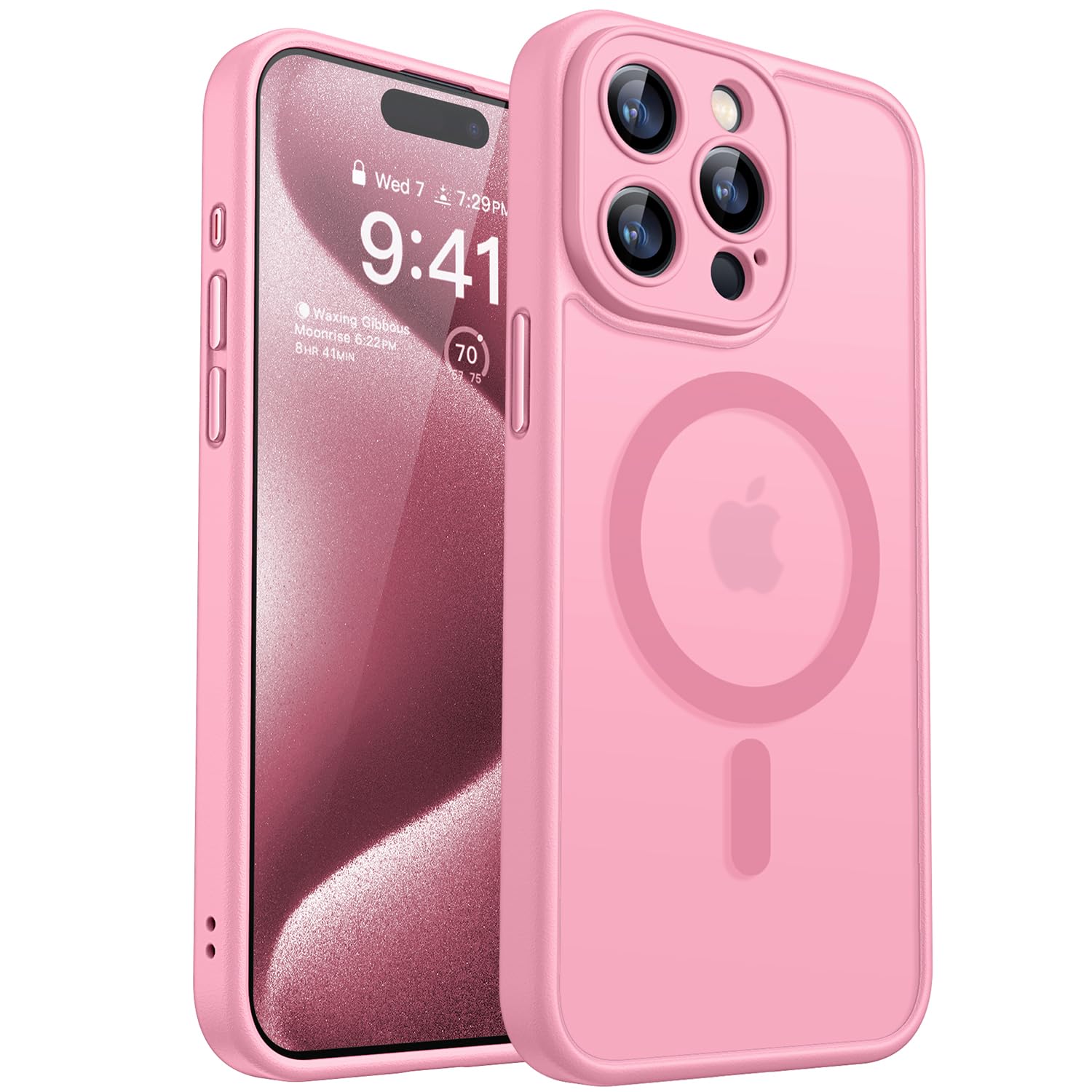 CANSHN Cover Magnetica per iPhone 15 Pro Max, Compatibile con MagSafe, [Protezione Completa Della Fotocamera], Custodia Traslucida Opaca Protettiva Sottile Antiurto 6,7 Pollici - Rosa