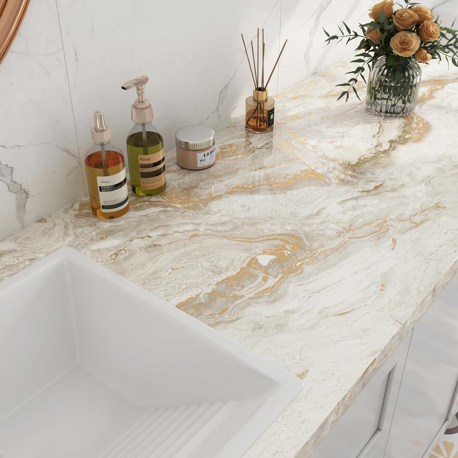 FunStick 90CM×5M Vinilo Adhesivo Muebles Marmol Vinilos Decorativos Muebles Beige Dorado Vinilo Adhesivo Mesa Cocina Comedor Impermeable Papel Autoadhesivo Pared Marmol Beige Papel Pintado Armario