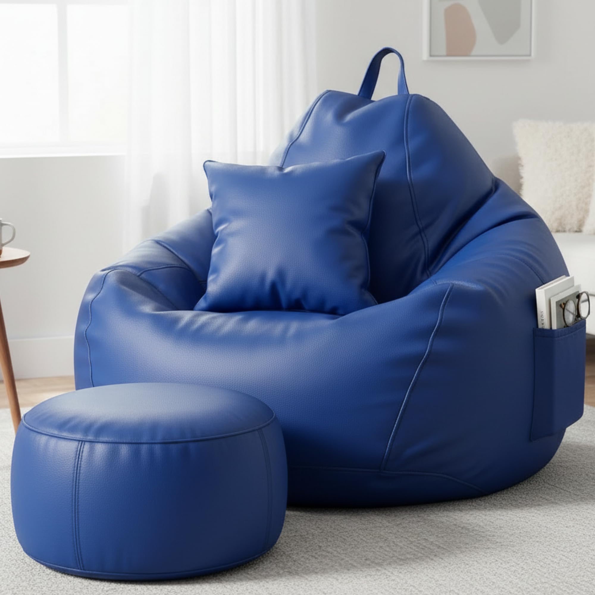 KAM'S LIEU 6XL Luxury Faux Leather Bean Bag with Footrest & Cushion | Pre-Filled High-Density Polystyrene Beans | Premium Leatherette |Teardrop Handle Design | 6 Months Warranty Color- Royal Blue discount deal