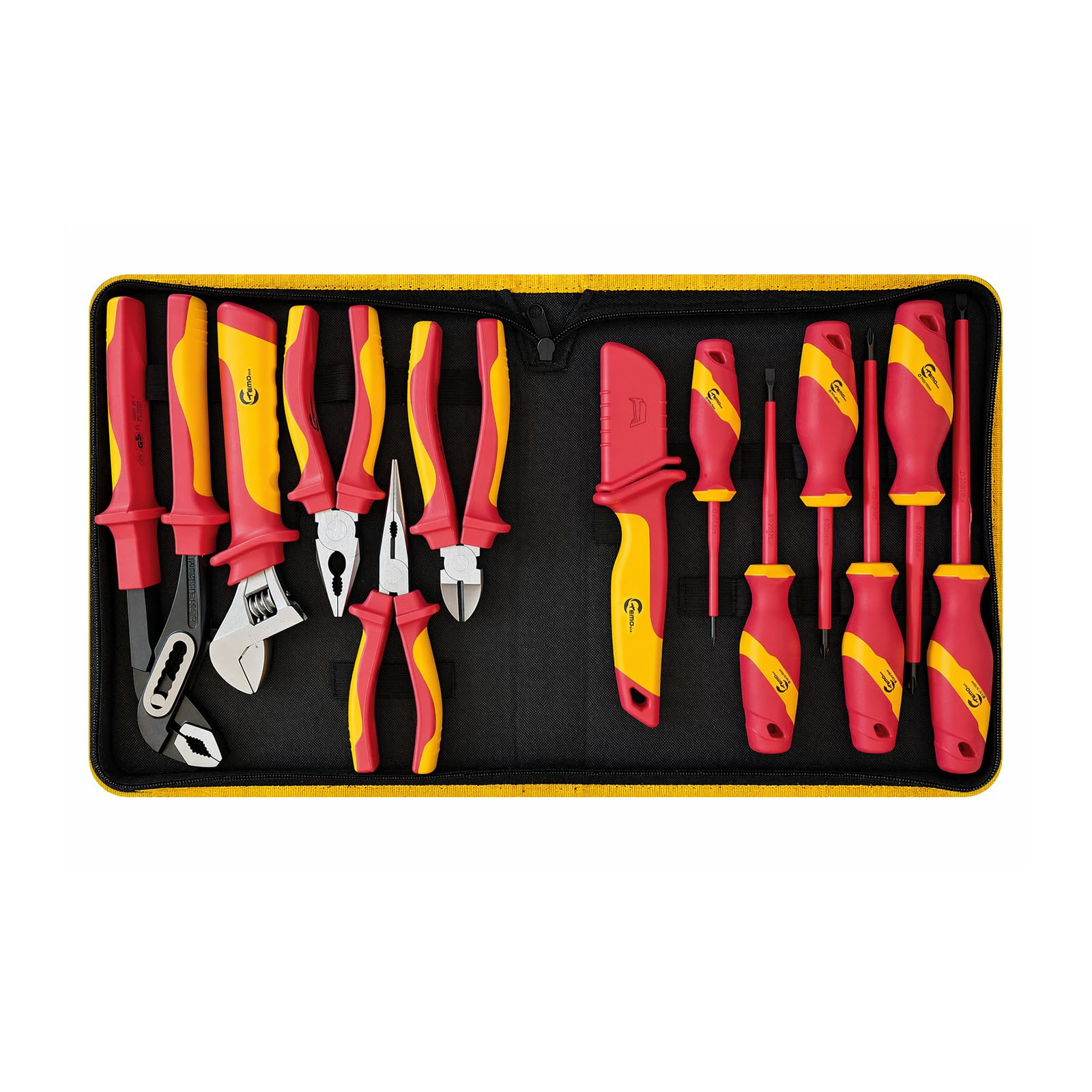 VDE - Juego de herramientas para electricista (1000 V, 12 piezas, con destornillador, juego de alicates, cuchillo de electricista y llave inglesa, con bolsa para guardar en negro)