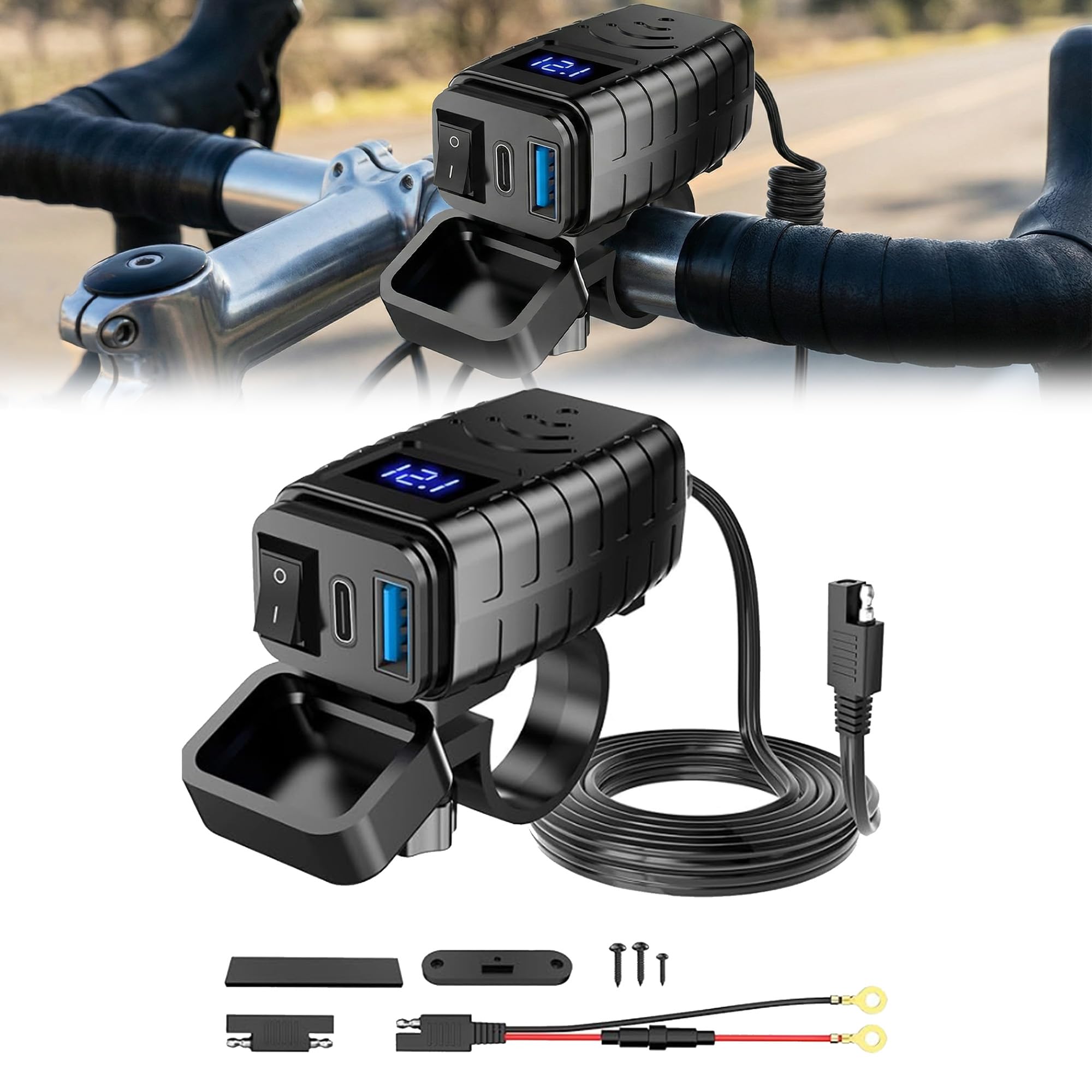 RUIZHI Presa USB Per Moto Con QC3.0 E Voltmetro - Doppia Porta Impermeabile IP65 - Installazione Su Manubrio DC 12V
