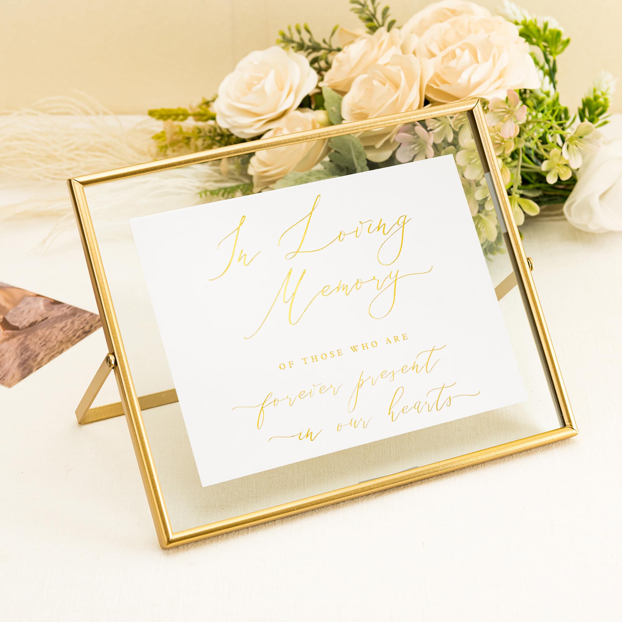 Calculs In Loving Memory - Marco de fotos flotante dorado para tarjetas de boda, soporte para menú, 10 x 8 pulgadas, decoración de boda para decoración de mesa de recepción