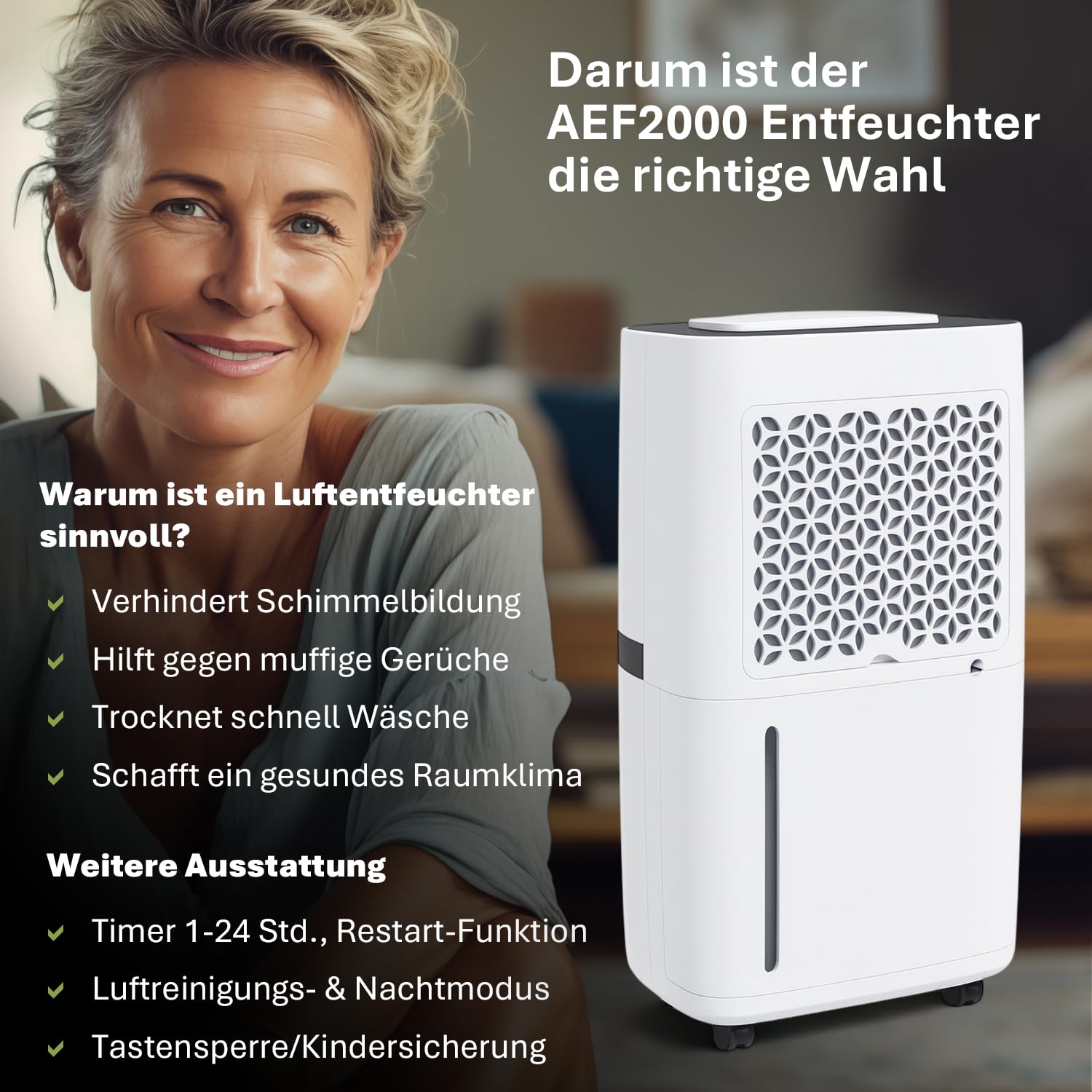 alfda AEF2000 Luftentfeuchter elektrisch 20 L Tag | 20 L Tag, bis 30m², Abschaltautomatik, Hygrostat & Touch-Display, für Schlafzimmer & Badezimmer