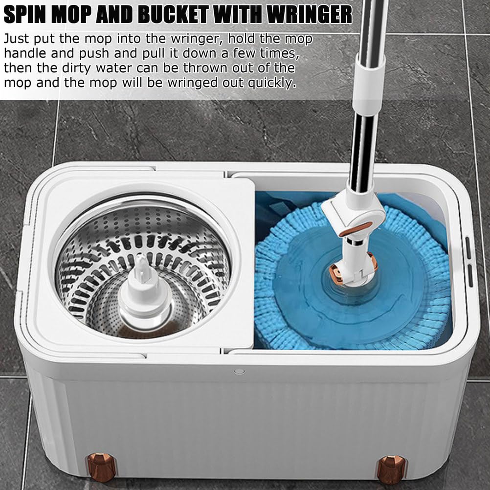 Este Juego de fregona giratoria y Cubo con escurridor para el hogar, fregona giratoria de 360° con Cubo y 5 recambios de Cabezales de Microfibra para Suelos de Madera, laminados y baldosas.