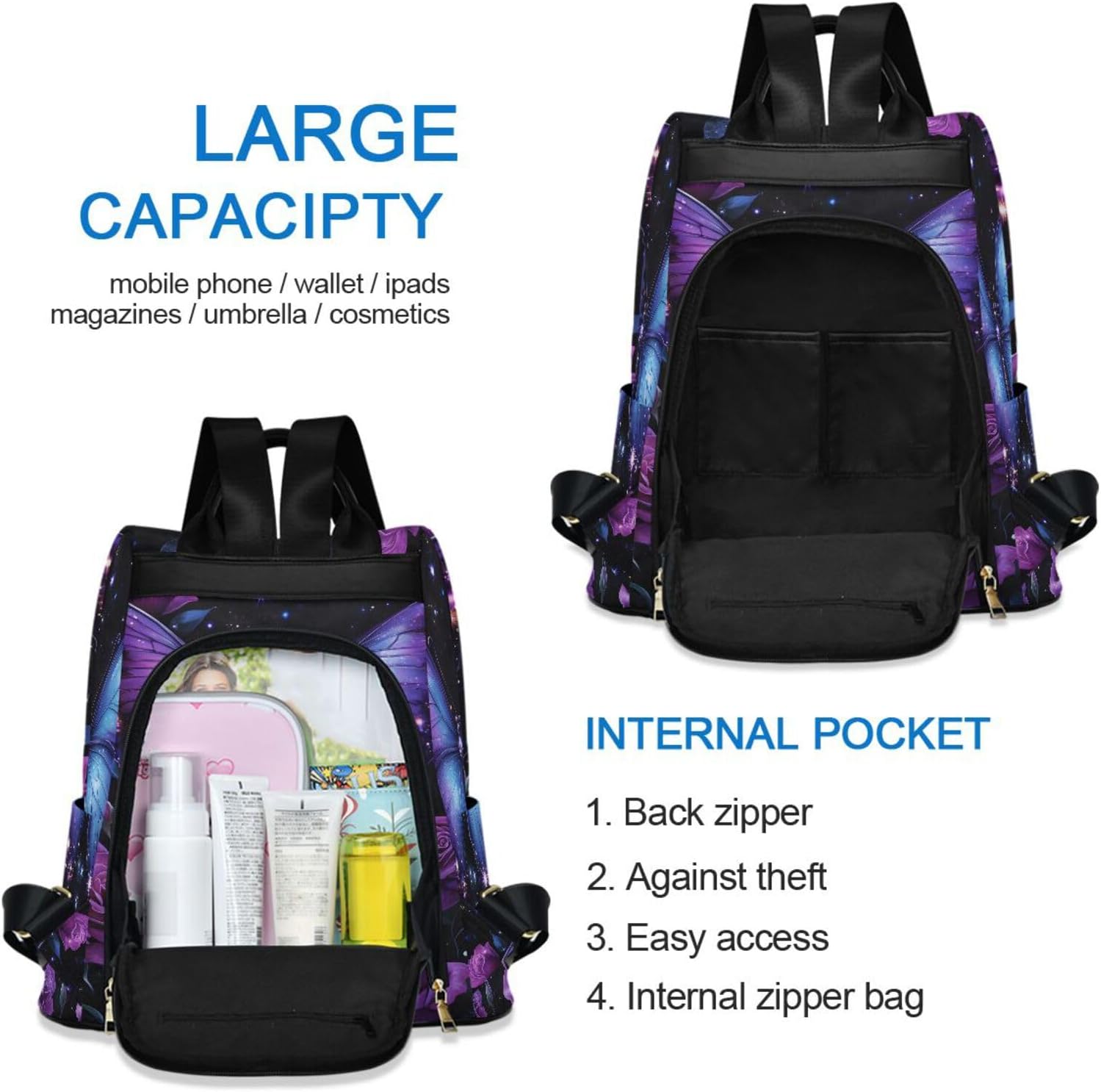 MNSRUU Backpack Womens, Anti-Theft Womens Backpack Travel Handbags Shoulder Bag Butterfly Rose Carry On Ladies Rucksack Fashion Casual Daypack, Hairball Pendant - Image 6