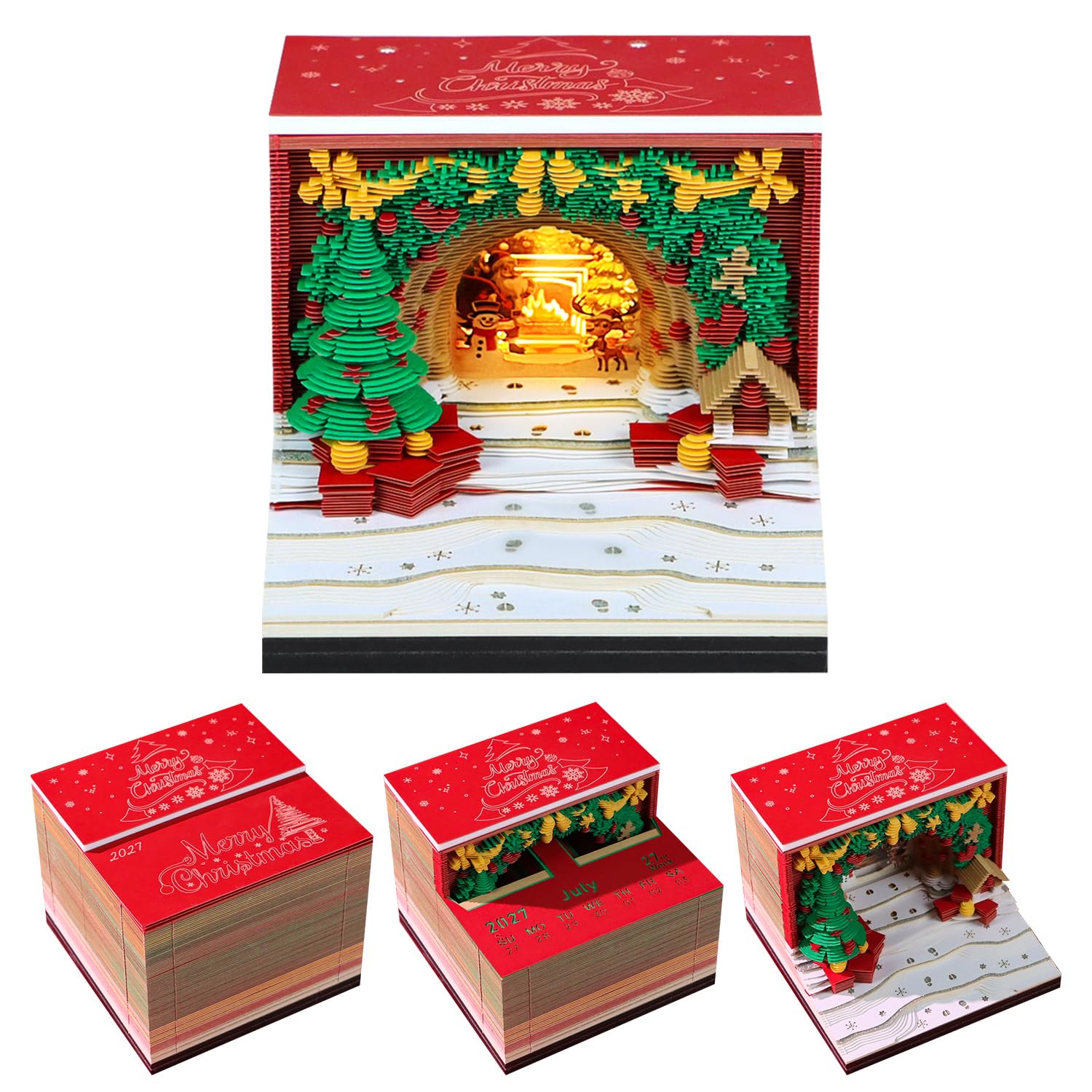 Time Piece Calendar, 2027 Desk Calendar with LED Light, Tear-off Paper Carving Art Memo Pad, Unique Gift for Christmas Housewarming Desktop Decoration (F)