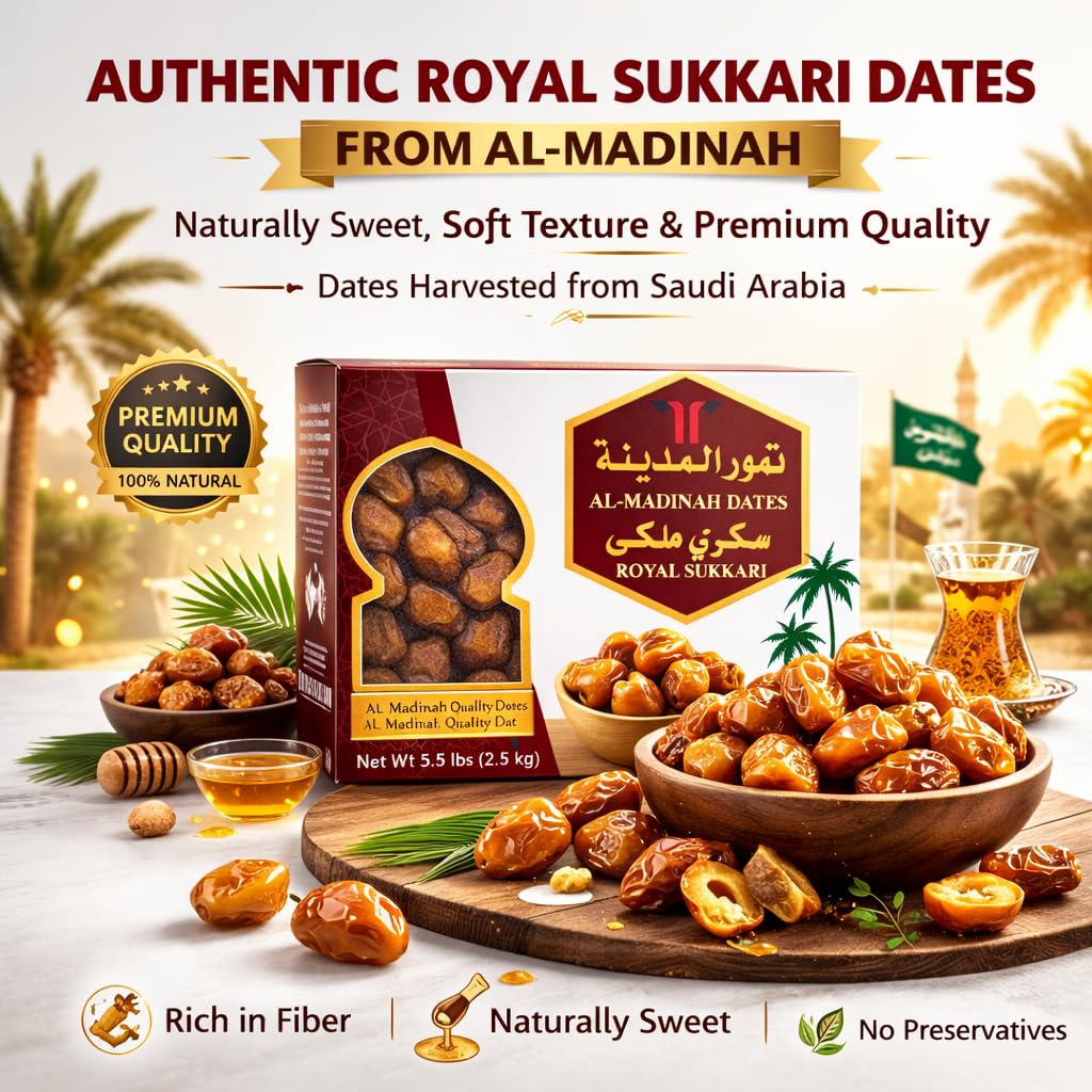 Royal Sukkari Dates from Al Madinah, perfect for energy – Premium Soft & Moist Whole Dates, Naturally Sweet, Family Size Box, Gifting & Daily Enjoyment (1.5 kg)