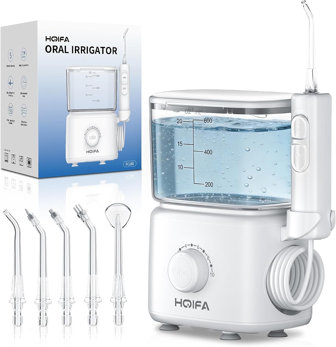 Hilo dental de agua, irrigador bucal con tanque de agua grande de 600 ml para dientes, 10 modos y 5 puntas de chorro, limpiador de dientes recargable a prueba de agua IPX7 para aparatos ortopédicos, eliminación de placa y salud de las encías, blanco