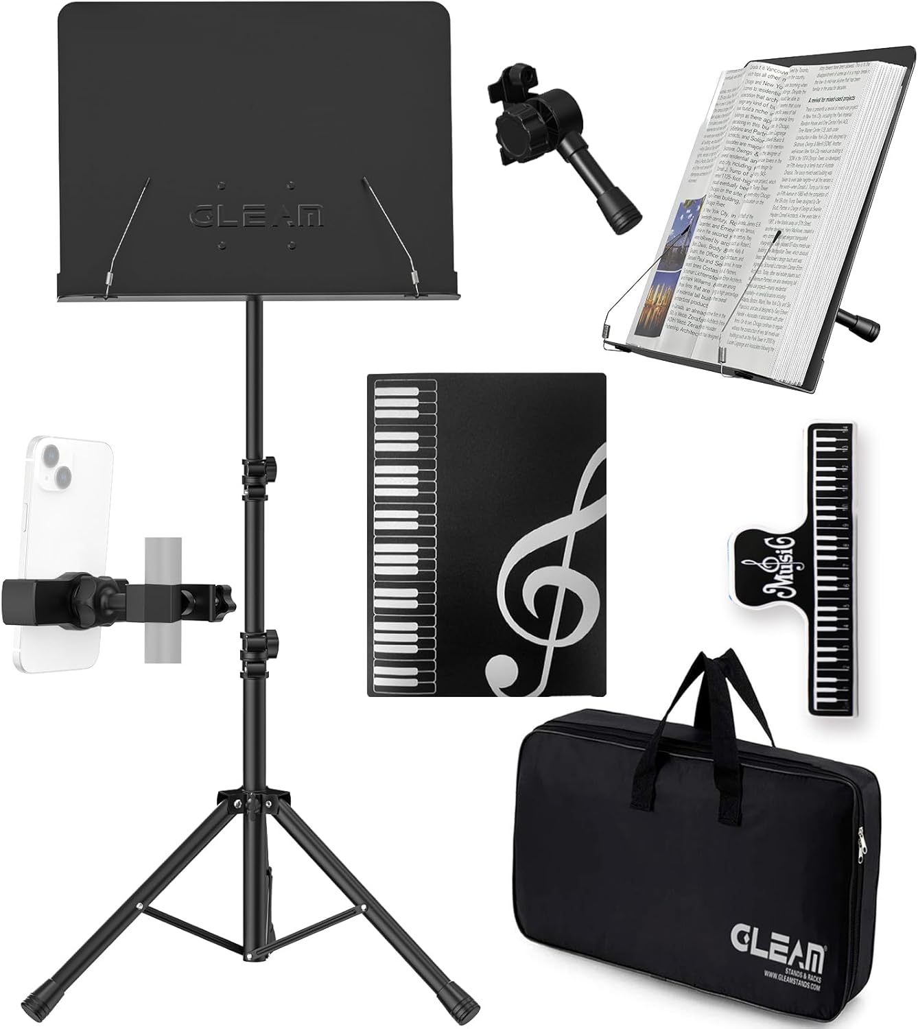 GLEAM Sheet Music Stand - Full Metal with Carrying Bag, Phone Holder, Sheet Music Folder and Clip, 5 in 1 Desktop Book Stand