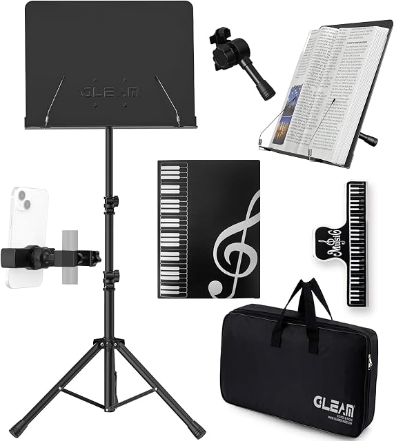 GLEAM Sheet Music Stand - Full Metal with Carrying Bag, Phone Holder, Sheet Music Folder and Clip, 5 in 1 Desktop Book Stand