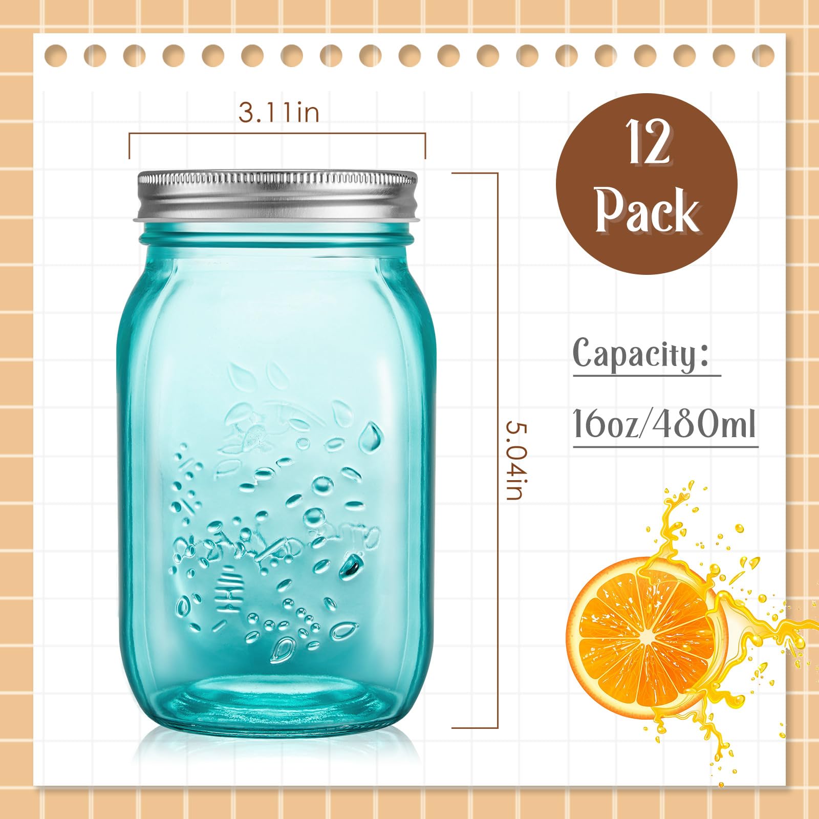 Tessco 12 Pcs Bulk Mason Jars Decorative for Centerpieces 16 oz Glass Pint Canning Containers with Lids Regular Mouth for Food Storage, Wedding Halloween Christmas DIY Crafts (Teal)