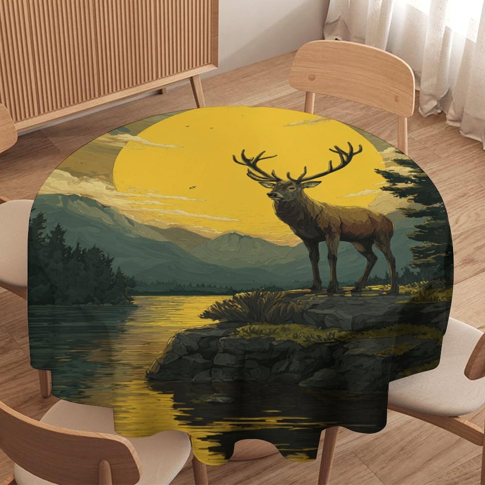 LUYYSKY Modern Realistic Animal Deer Round Tablecloth Classic Western Sunset Mountain Hunting Theme Wildlife Elk Washable Decor for Table Cover for Kitchen-152.4" Wx152.4 L cm