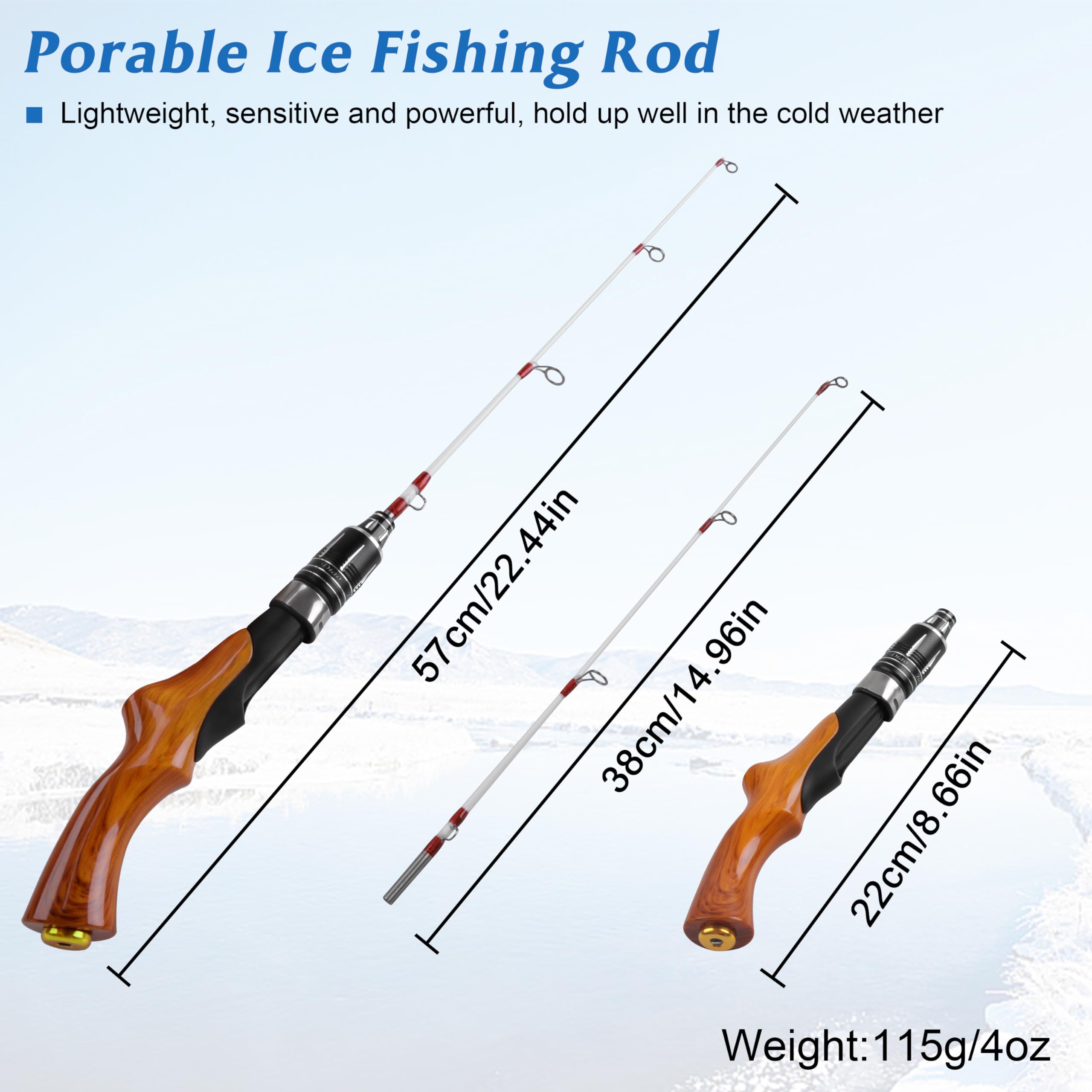 Anti-slip Wood Handle Ice Fishing Rod & Spinning Combo 22 Inch, Lightweight, With Bright Red Tip For Walleye, Perch, Panfish Anti-slip Wood Handle Ice Fishing Rod & Spinning Combo 22 Inch, Lightweight, With Bright Red Tip For Walleye, Perch, Panfish