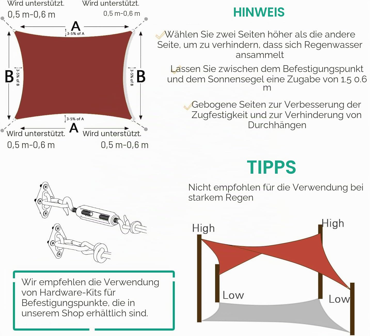 Sonnensegel, rechteckig, 4 x 8 m, 95 % UV-Schutz, Sonnenschutz, Markise, Vordach, wasserdicht, Sonnenschutz für Garten, Outdoor, Terrasse, Party, Pergola, Balkon, Dunkelgrau