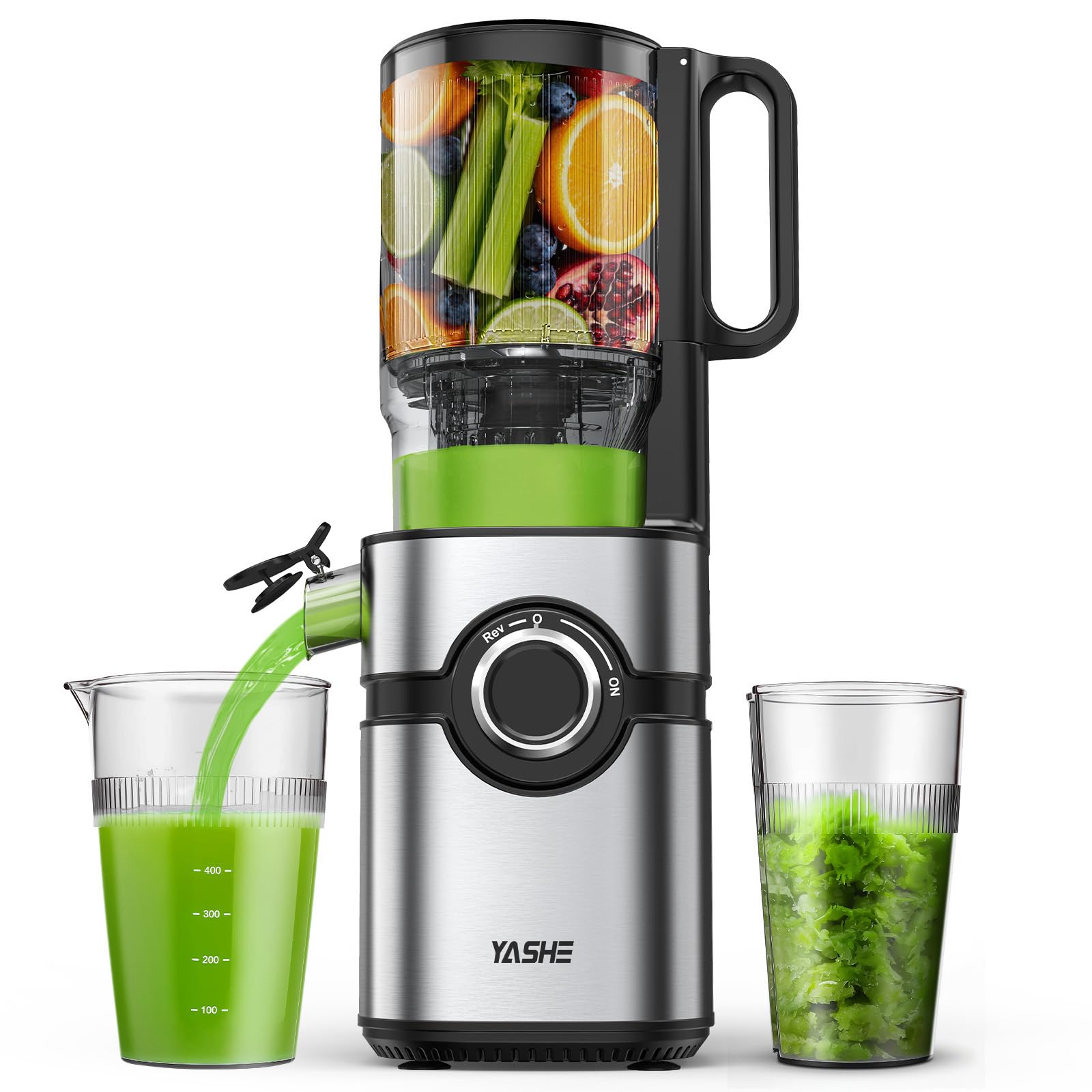 YASHE Extracteur de Jus à Froid, Slow Juicer avec Grande Ouverture 127 mm pour Fruits et Légumes Entiers, Presse à Froid 50 Tr/Min, Haut Rendement en Jus, Sans BPA, Facile à Nettoyer, Noir