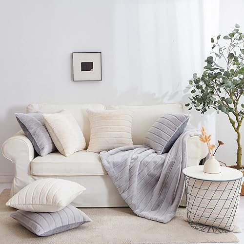 Miniatura 6 de Juego de 2 fundas de cojín decorativas de piel sintética a rayas para sofá, dormitorio, automóvil, 18 x 18 pulgadas, beige y blanco