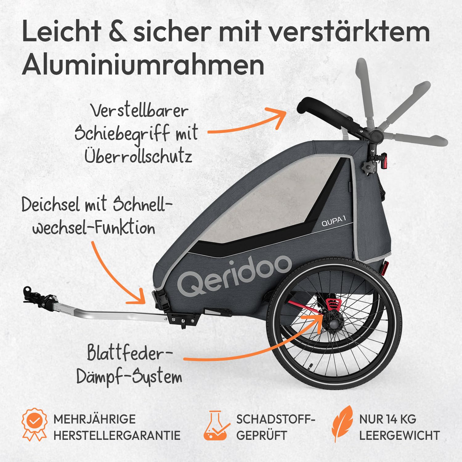 Remorques de vélo de Marque QERIDOO Modèle Kinderfahrradanhänger & Buggy QUPA 1 für 1 Kind mit Kupplung, Blattfeder-Dämpfsystem (BIS 50 kg) - Gris