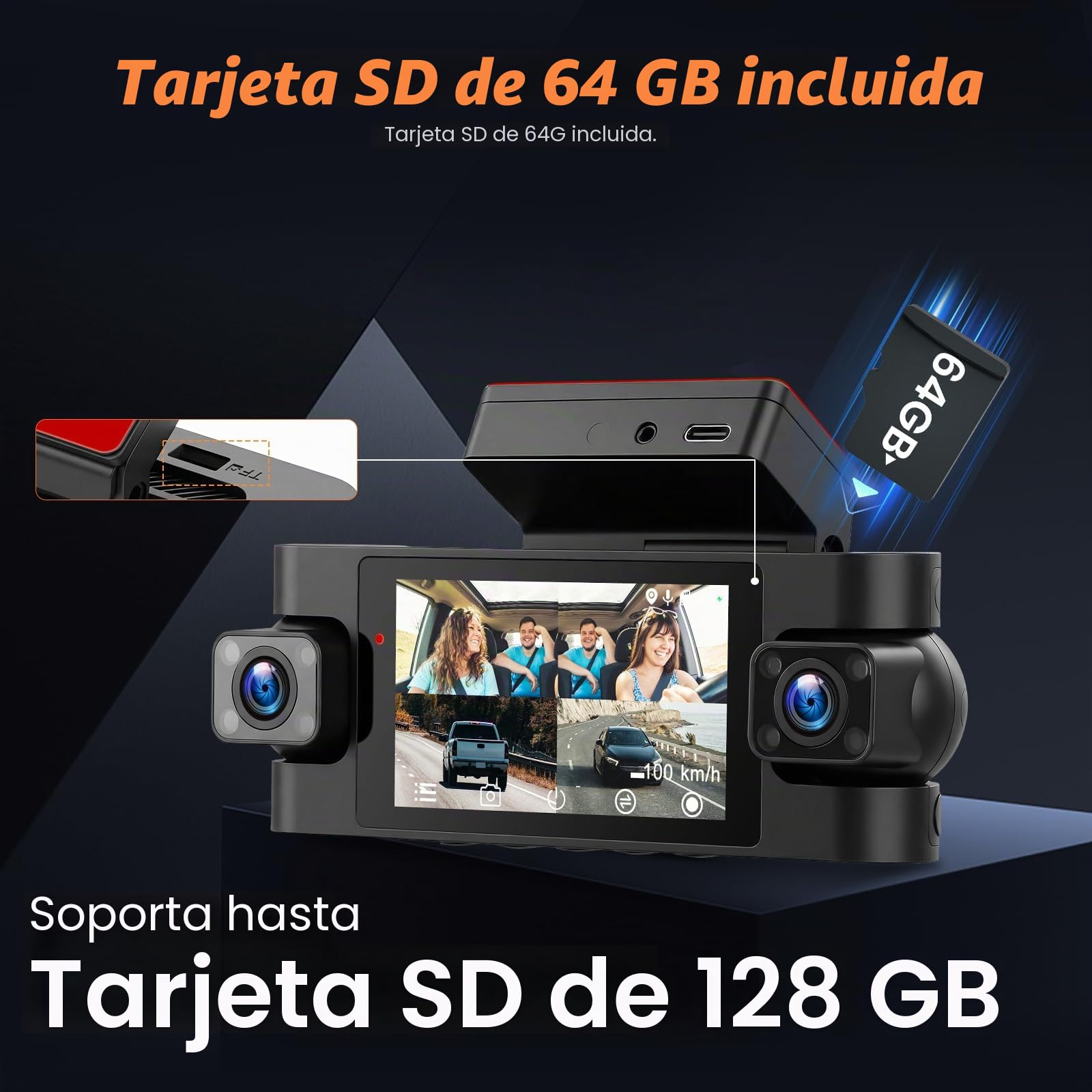 Roinvou Dashcam Delantera y Trasera 4 Canales, Cámara de Salpicadero 2K con WiFi 5GHz, App Control, Grabación en Bucle, Monitor de Estacionamiento 24h, Incluye 64G SD y Cámara Trasera