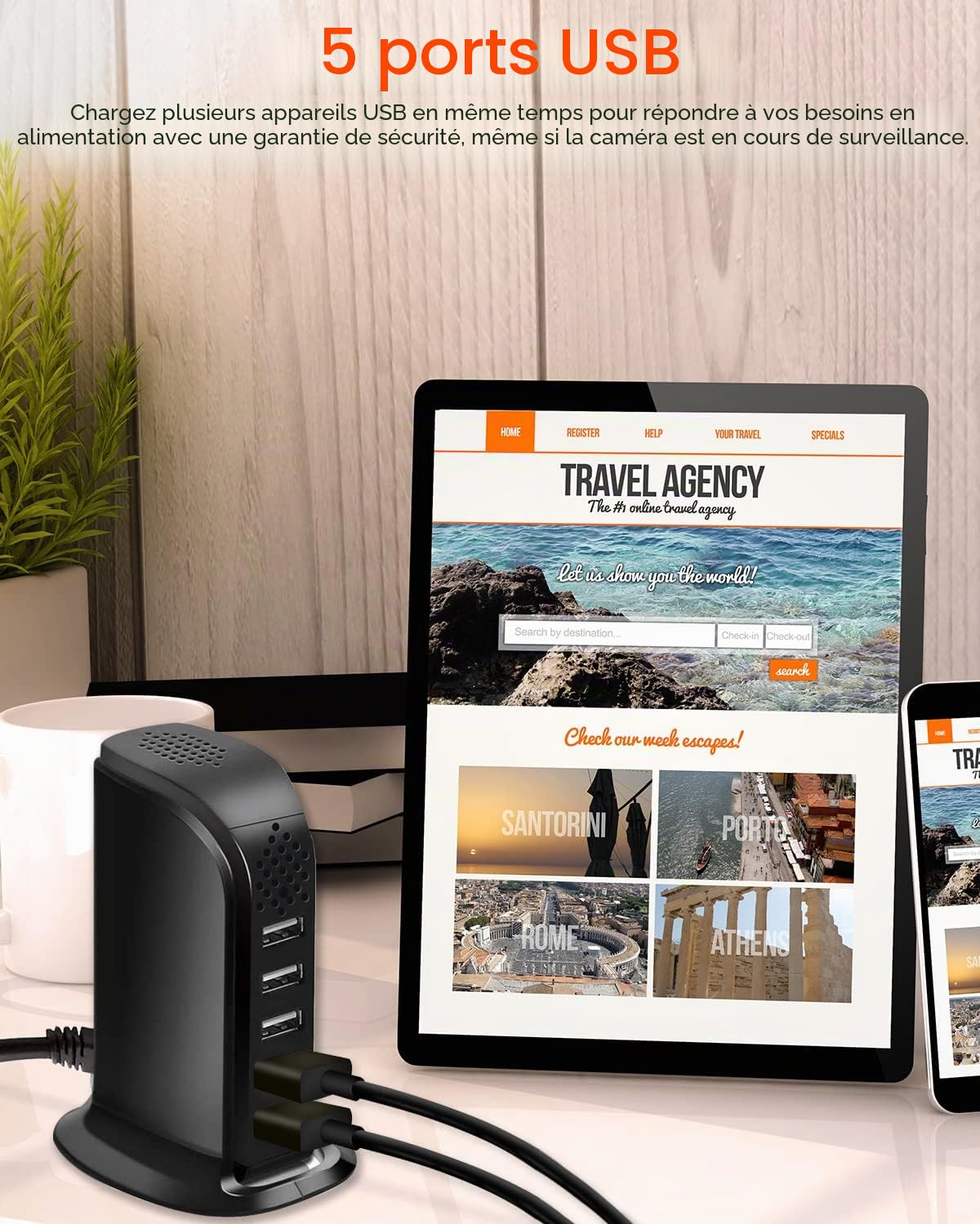 Caméra Espion cachée, HD 1080p WiFi avec Chargeur USB 5 Ports Prise sans Fil Mini caméra Espion pour Surveillance à Domicile avec détection de Mouvement Vue à Distance